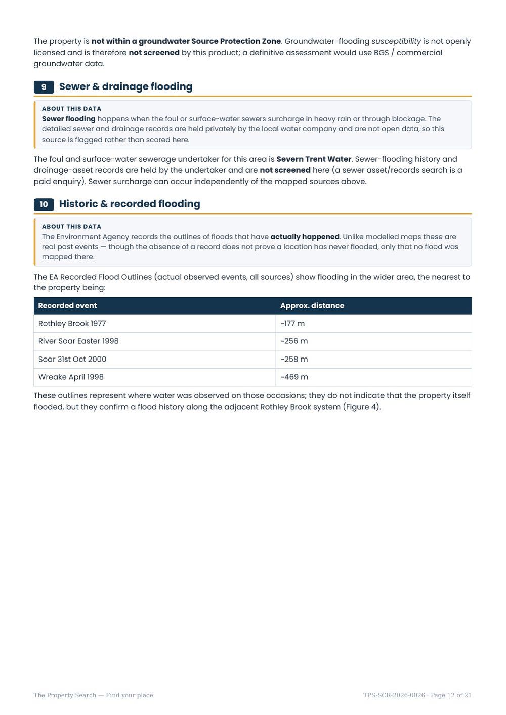Sample report page covering groundwater, source protection and sewer flooding
