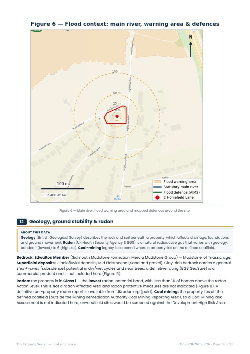 Sample report page 14: Main river, warning areas & geology