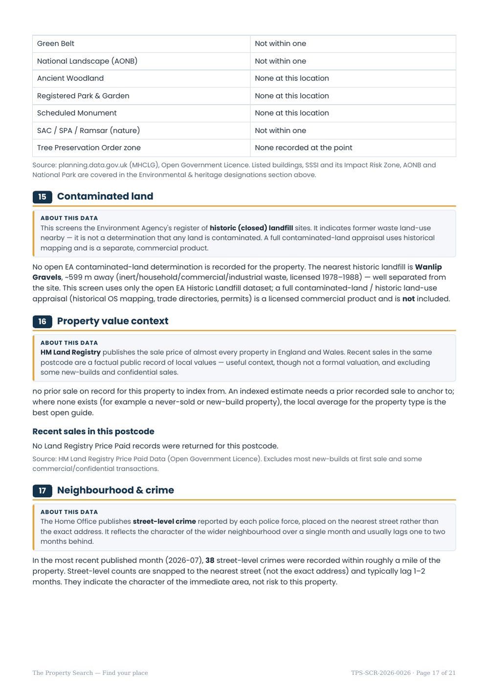 Sample report page 17: Planning, contaminated land, value & crime