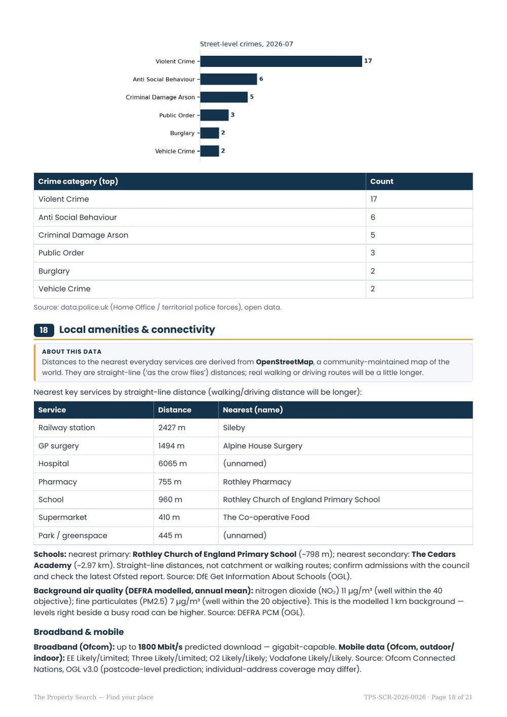 Sample report page with amenities, schools, air quality and broadband
